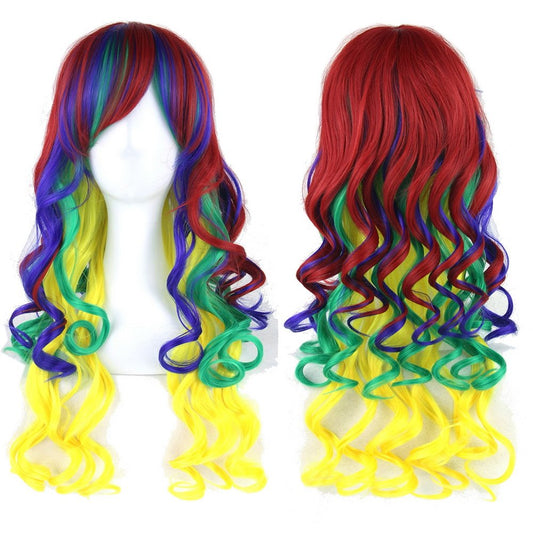 Straightened length 27.6" Wig mixed color Long Curly Wavy Hair Women and Girl Cosplay Party Costume Wig(Red, purple, green, yellow)