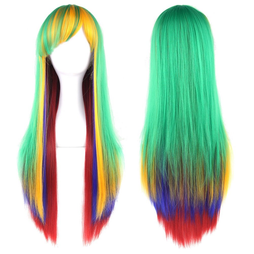 27.6" Wig Gradient color Long Hair Women and Girl Cosplay Party Costume Wig(green, yellow, purple, Red)