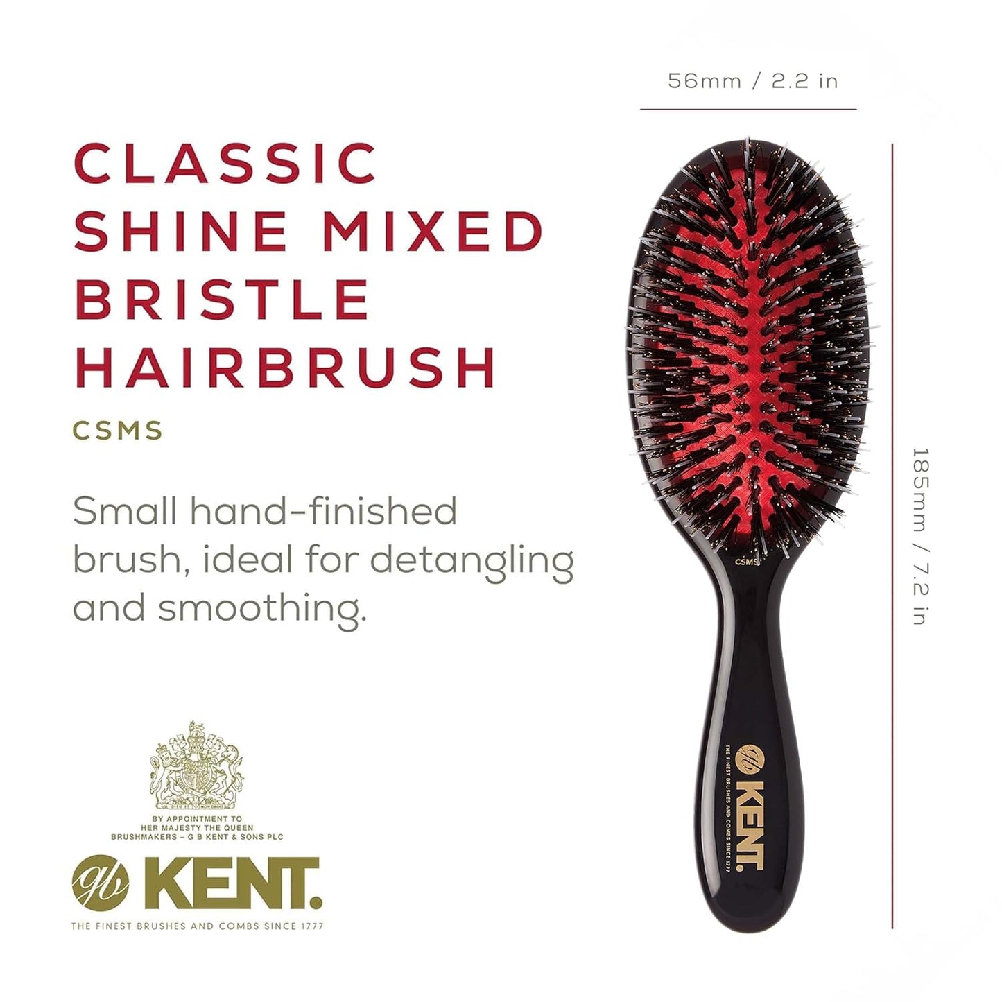 Kent CSMS Classic Shine Straightening Brush - Natural Black Boar Bristle & Nylon Quills for Short to Shoulder Length Hair