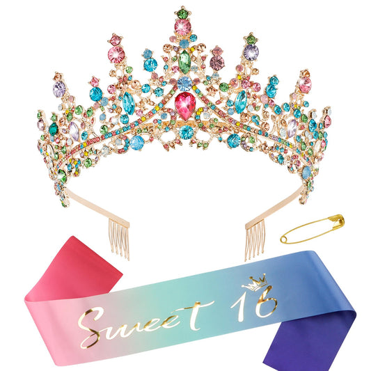 Sweet 16 Birthday Sashes and Tiaras for Girls 16th Crowns and Sash for Women 16th Birthday Party Decorations Birthday Gifts Party Supplies (colorful)