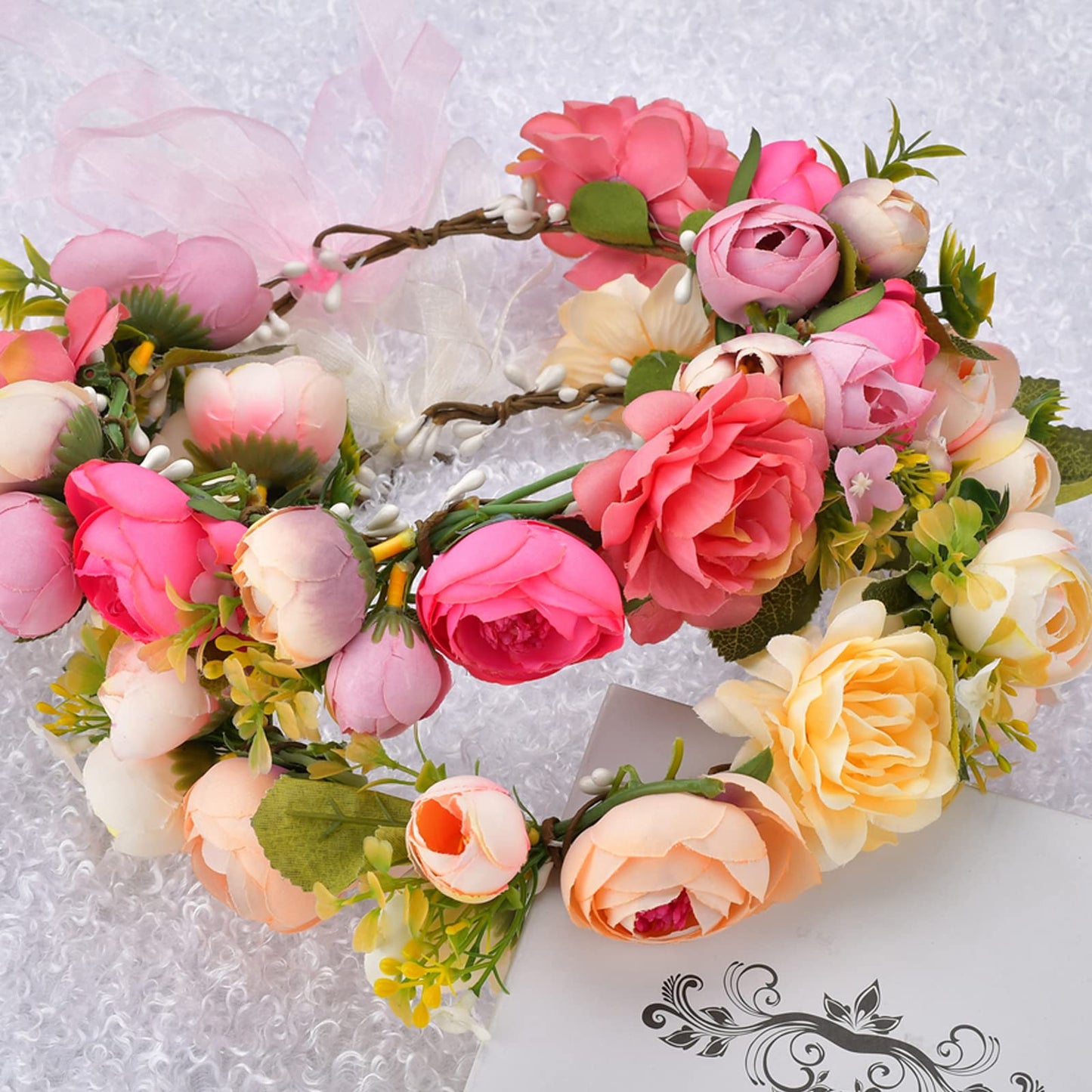 YnimioAOX Handmade Adjustable Flower Wreath Headband Halo Floral Crown Garland Headpiece,M2-rose pink