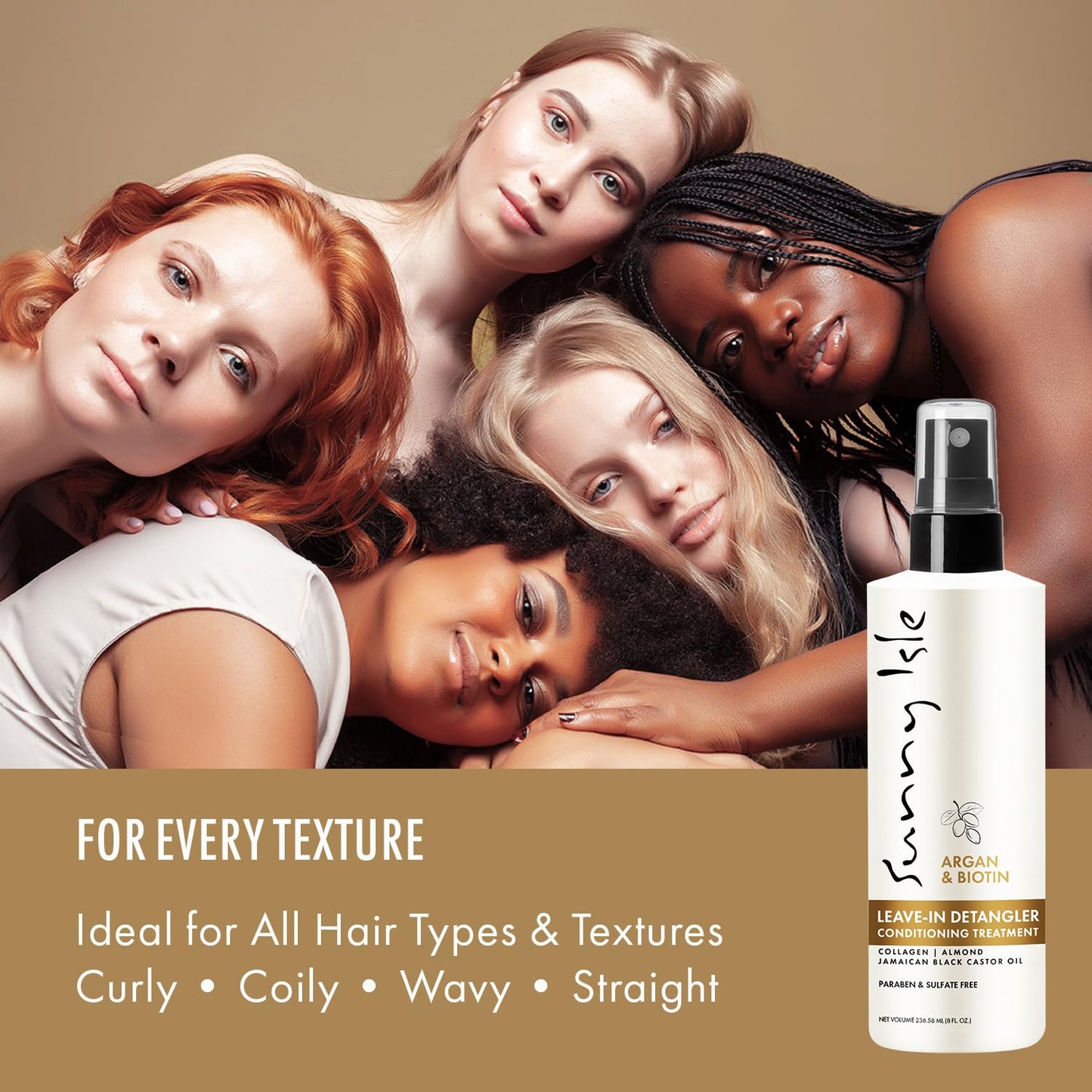 Sunny Isle Leave-In Detangler Conditioner - Argan & Biotin with Collagen, Almond & Castor Oil - 8 oz