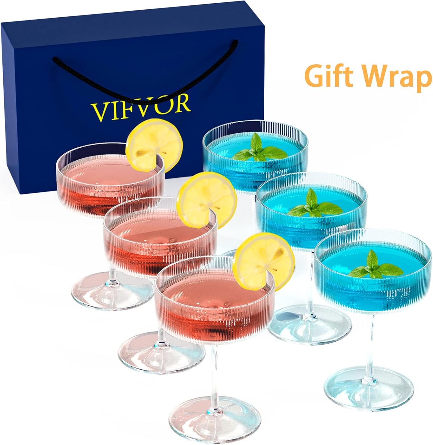 Skiennix 10 oz Ribbed Coupe Cocktail Glass Set - Elegant Hand Blown Martini Glasses in Gift Box (6 Pcs)