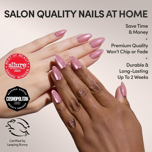 Glamnetic Press On Nails - Mertini | Short Almond Pink Cat Eye Fake Nails with Raised Gold Foil Accents, Salon Quality Summer Nails | 15 Sizes - 30 Nail Kit with Glue