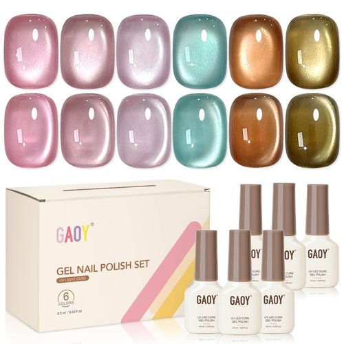GAOY Cat Eye Gel Nail Polish Set - 6 Translucent Colors with Holographic Glitter | Soak Off UV Gel for Salon & DIY Nail Art