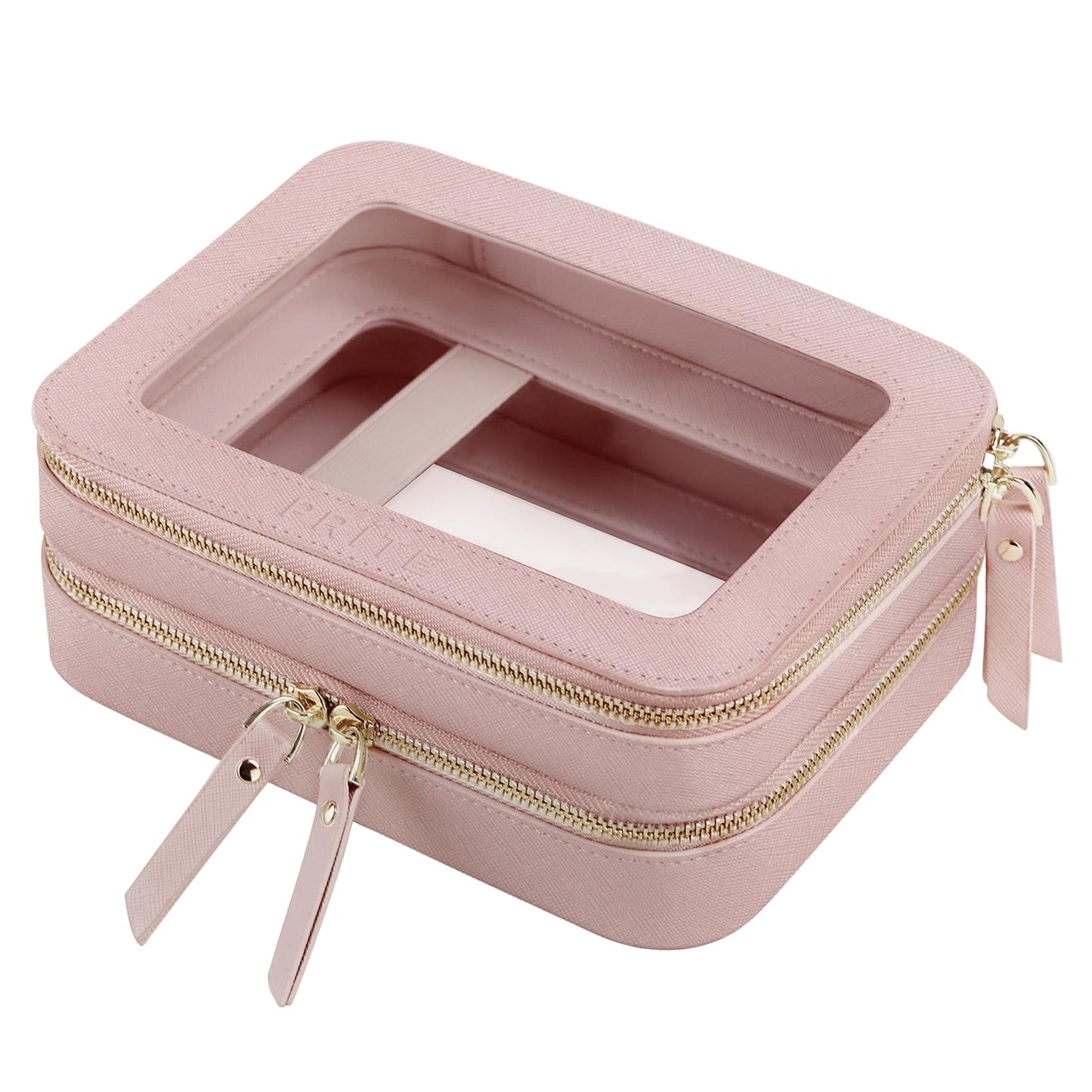 Prite Double Layer Makeup Bag for Women Portable Clear Makeup Bag Cute Waterproof Travel Cosmetic Bag with Gold Zipper for Car Essentials(Pearlescent Pink)