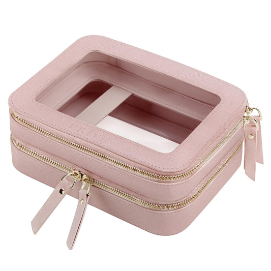 Prite Double Layer Makeup Bag for Women Portable Clear Makeup Bag Cute Waterproof Travel Cosmetic Bag with Gold Zipper for Car Essentials(Pearlescent Pink)