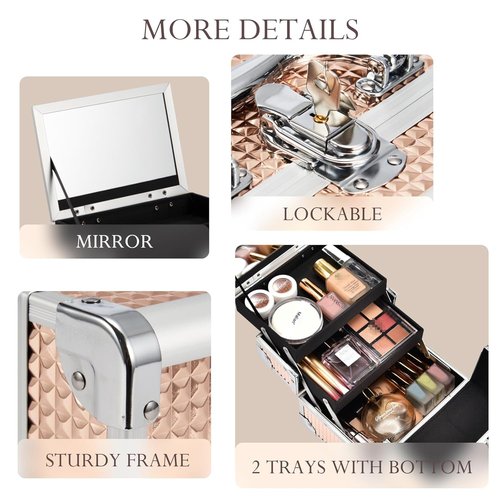 FRENESSA Makeup Case - Portable Train Case with Mirror | Hard Organizer for Travel & Vanity - Rose Gold