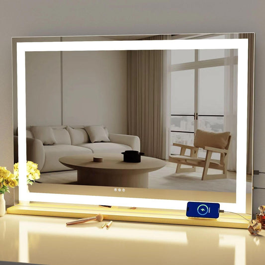 Gvnkvn Makeup Vanity Mirror with USB Charging Port 28" x 22" Large LED Makeup Mirror, Desk Mirorr with Lights, Light up Mirror with 10X Magnification and, Dimmable 3 Modes, Touch Gold