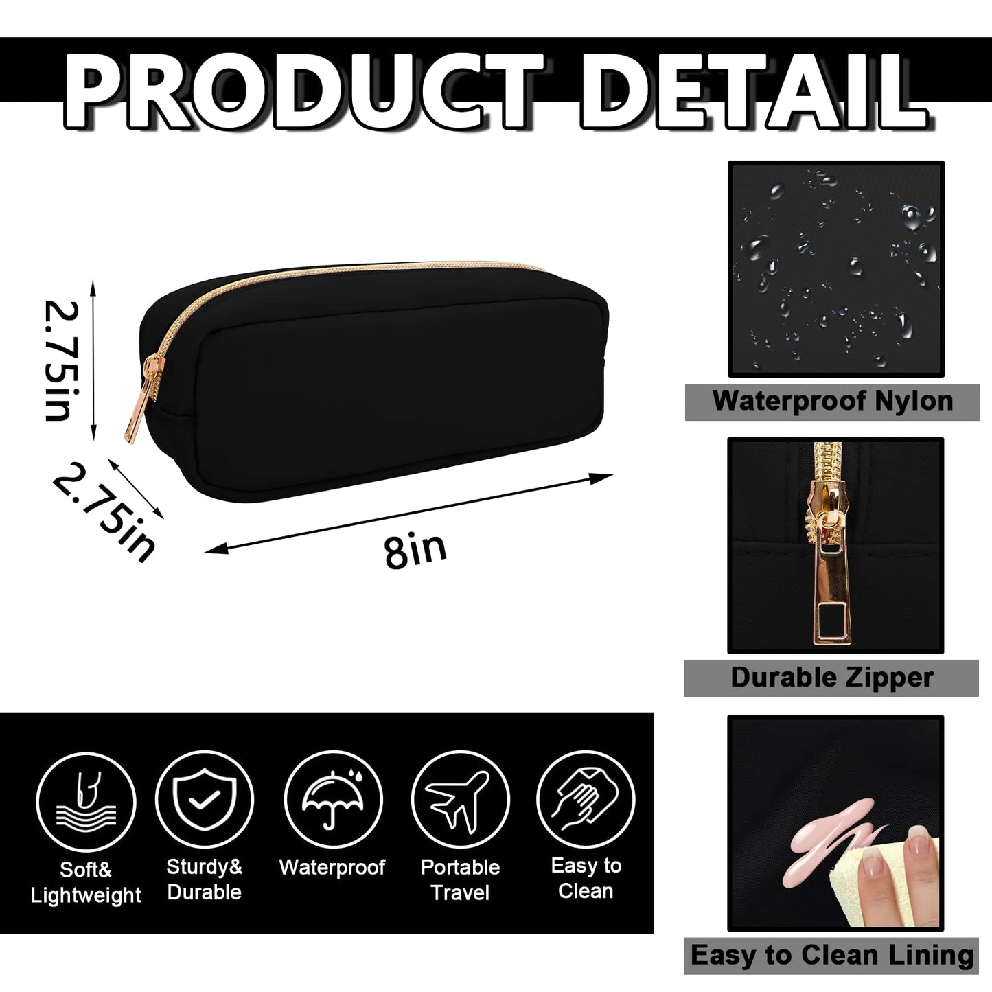 UIXIZQ Waterproof Small Pencil Case Makeup Bag for Purse,Cute Pencil Pouch Preppy Nylon Makeup Brush Holder with Zipper,Girls Portable Storage Case Small Pen Bag for Office School College(Slim-Black)