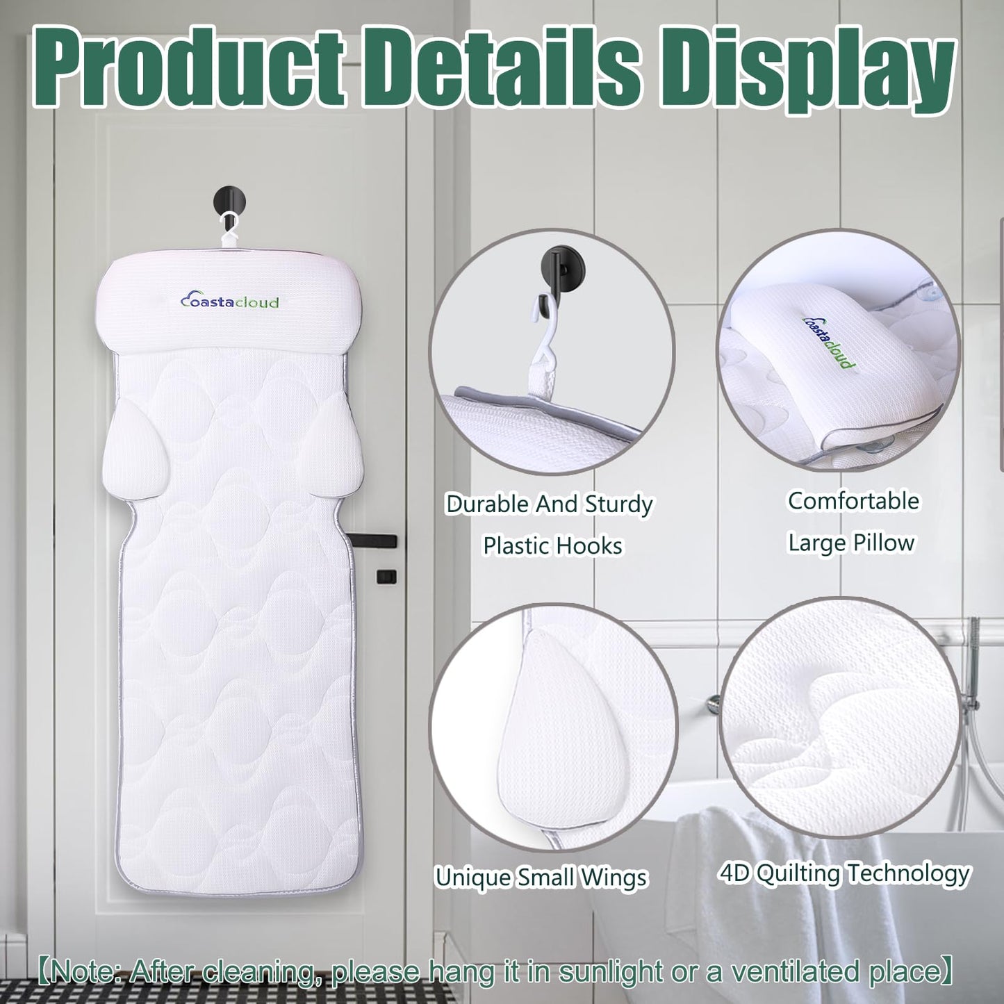 Full Body Bath Pillow, Bathtub Mattress Luxury Cushion with Large Suction Cups, Comfort Support Your Head, Neck, Shoulder, Back and Tailbone, Relax & Quick Drying, White