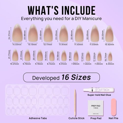 BTArtbox Press On Nails Almond - Medium Cat Eye French Tip Nails with Glue for Daily Nail Art, Fake Nail Extensions In 16 Sizes - 32 Nail Kit, Liquid Radiance