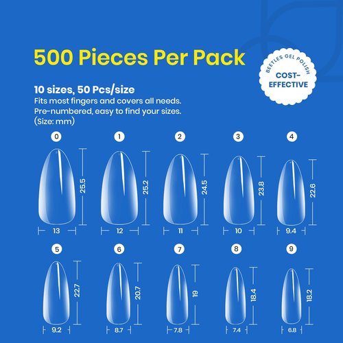 Beetles Gel Nail Tips Almond Medium Shape Nails, 500Pcs Pre Shaped Soft Nail Tips Clear Full Cover False Nails for Gel Nail Polish Soak Off Easy Nail Extensions Press on Nails