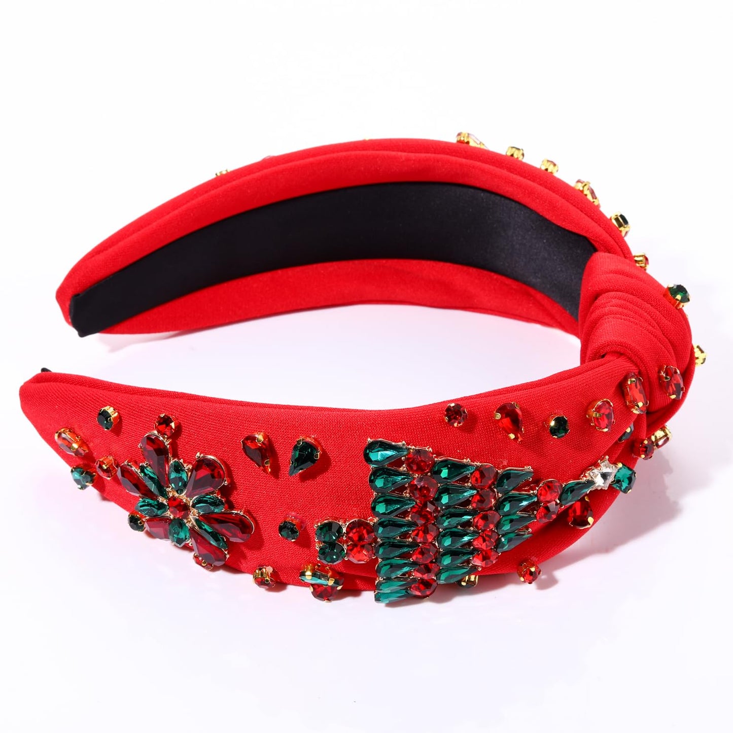 HSWE Christmas Headband for Women Xmas Tree Bow Snowflake Crystal Knotted Headband Rhinestone Embellished Top Knot Hairband