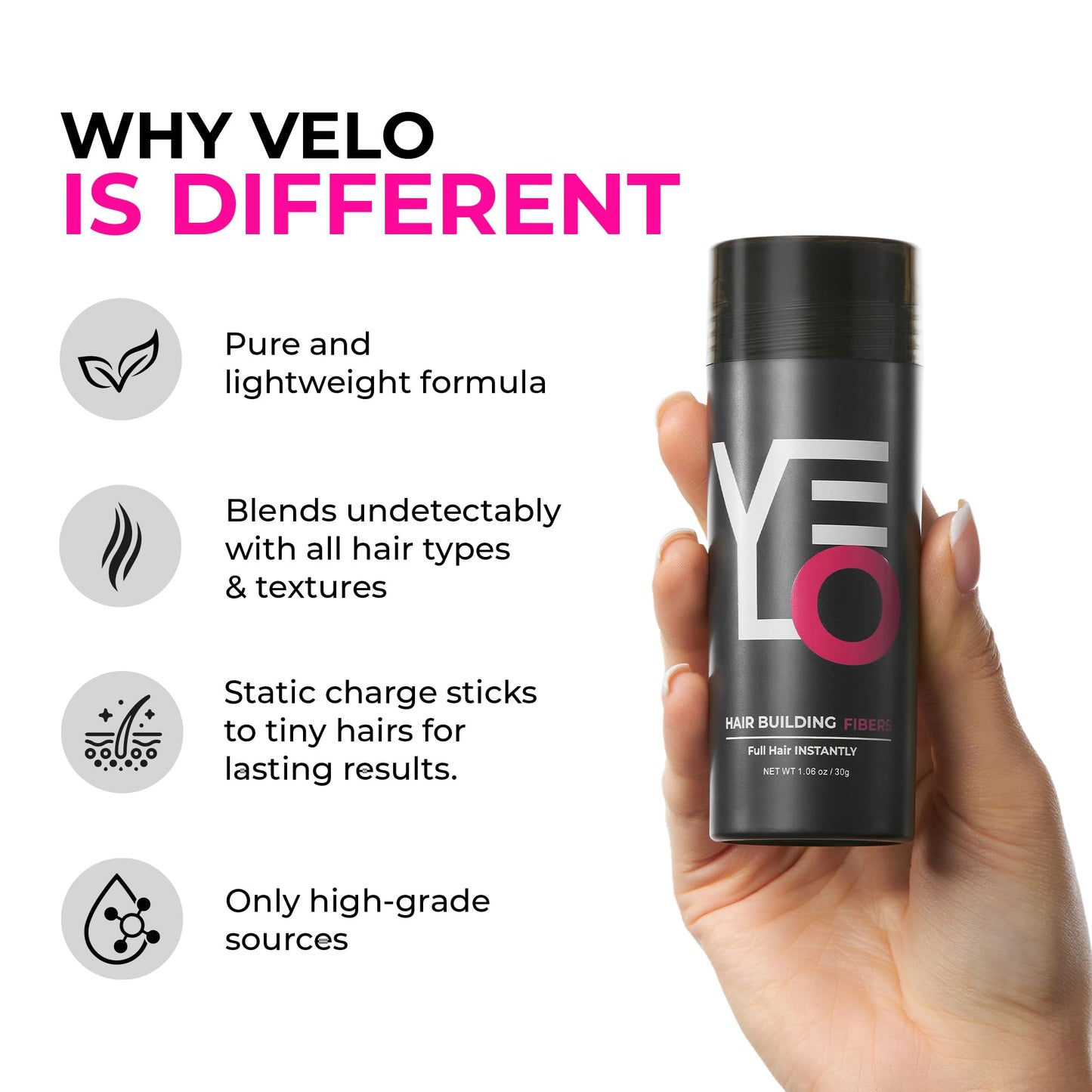 VELO Hair Building Fibers for Thinning Hair, 30g Fill in Fine, Instantly Thicker & Fuller Look, Hair Thickening Fiber, Conceals Hair Loss, Hair Powder for Women & Men, Long Lasting (LIGHT BROWN)