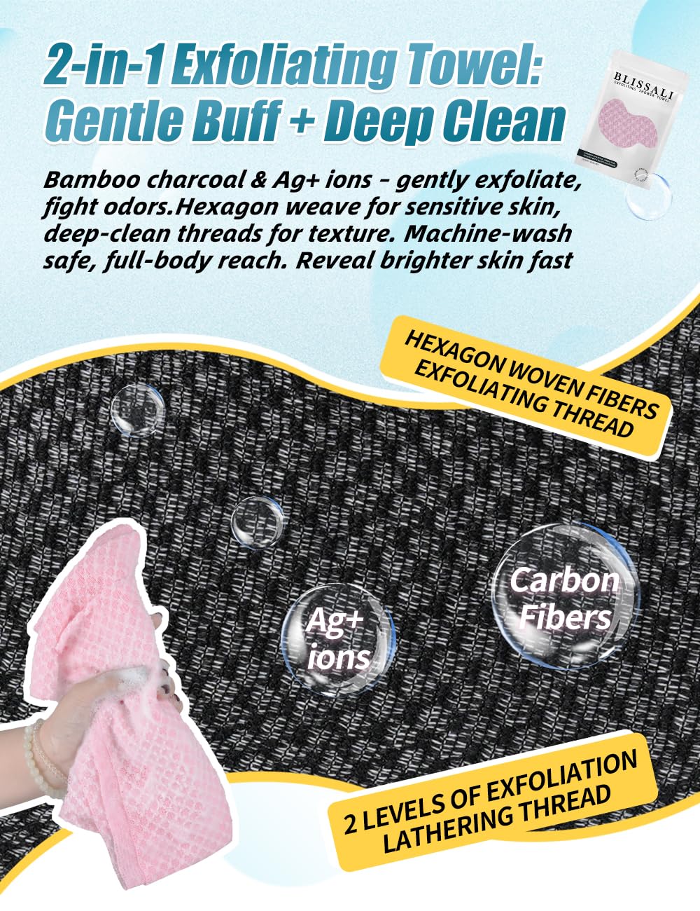 BLISSAL Exfoliating Shower Towel 48",Premium Scrub Wash Cloth for Body Face, Exfoliating Washcloth for Men and Woman(Black)