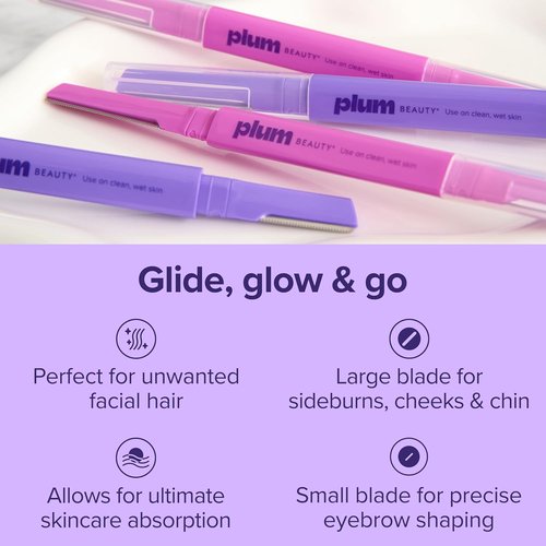 Plum Beauty Double-Sided Dermaplaning Razors - Precision Dual-Blade Facial Razors for Women | 4-Pack for Brows, Upper Lip & Cheeks