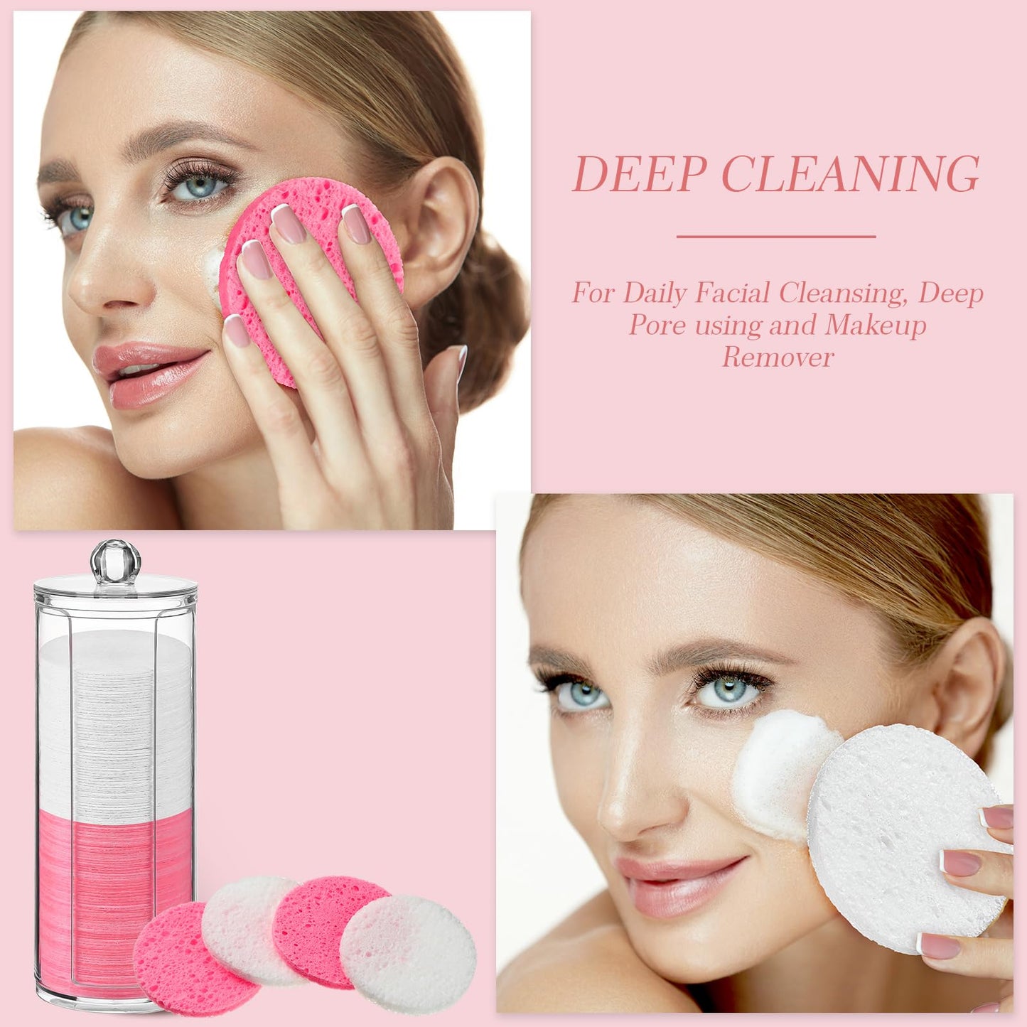 Sieral 120 Pcs Compressed Facial Sponges with Container Disposable Face Sponge Pads for Washing Face Cleansing Exfoliating Esthetician Makeup Removal(Round,White, Pink)