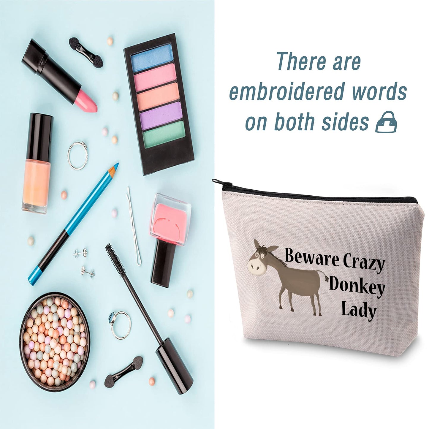 LEVLO Funny Donkey Lovers Gifts Beware Crazy Donkey Lady Makeup Bags Donkey Mom Cosmetic Gifts (Beware Crazy Donkey Lady)