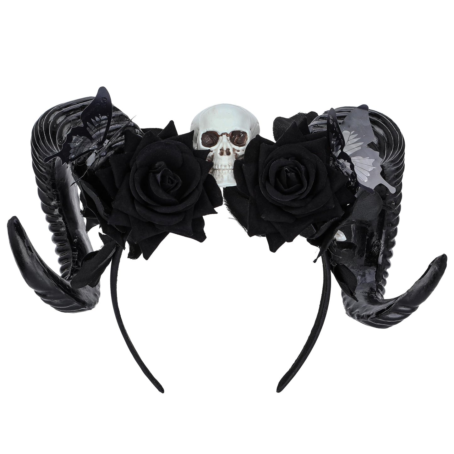 MOSTORY Handmade Black Sheep Horns Headband - Dark Halloween Hairband with Flower and Skull Devil Headband for Renaissance Day of the Dead Cosplay Witch Photo Prop