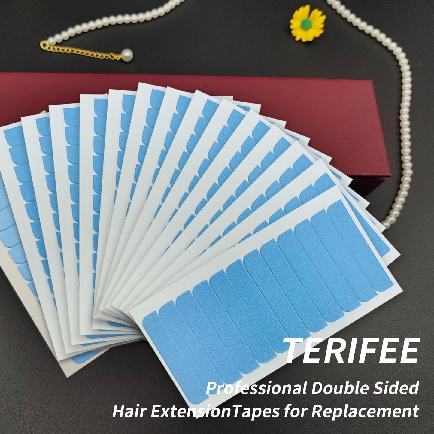 TERIFEE 180PCS Hair Extension Tape,Double Sided Tape Tabs in Tape Blue for the Replacement of Human Hair Extensions 1.57 x 0.31 Inch Tape Extension Replacement Tape