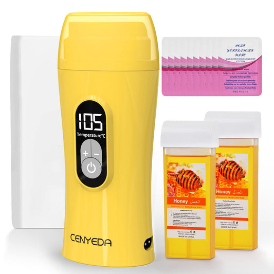 Digital Roll On Wax Kit,Honey Thermostatic Roller Waxing Kit for Sensitive Skin, Depilatory Soft Wax Warmer with 2 Cartridge Refill 10 Wax-removing wipes and 100pcs Wax Strips