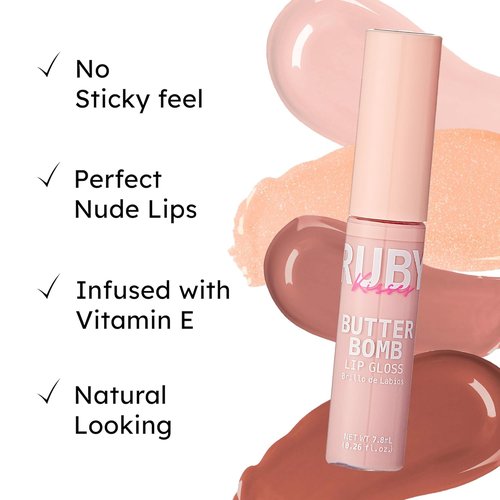 Ruby Kisses Lip Gloss - Non-Sticky Butter Bomb with Vitamin E | Natural Nude Makeup - 7.8mL