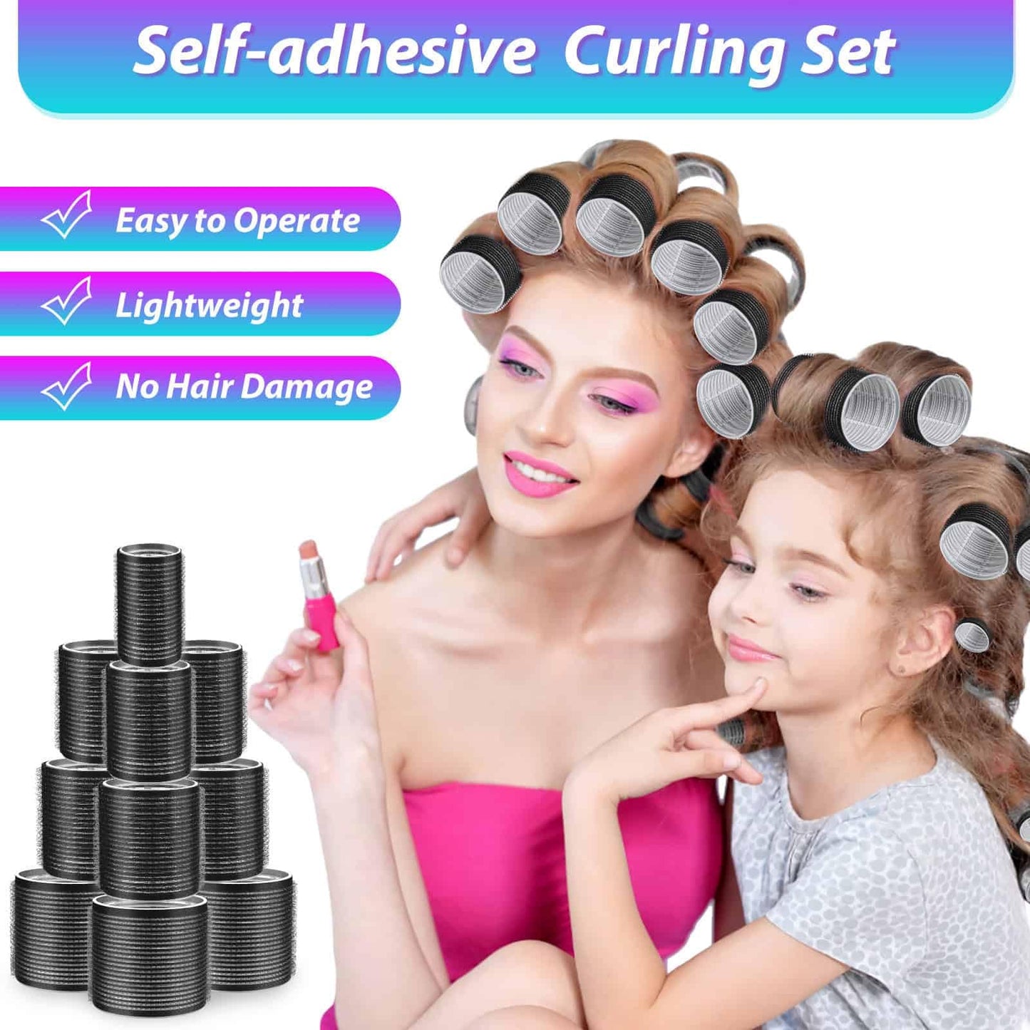 Hair Curlers Set with 24 Rollers (6 Jumbo, 6 Large, 6 Medium, 6 Small) and 24 Clips for All Hair Lengths (Black)