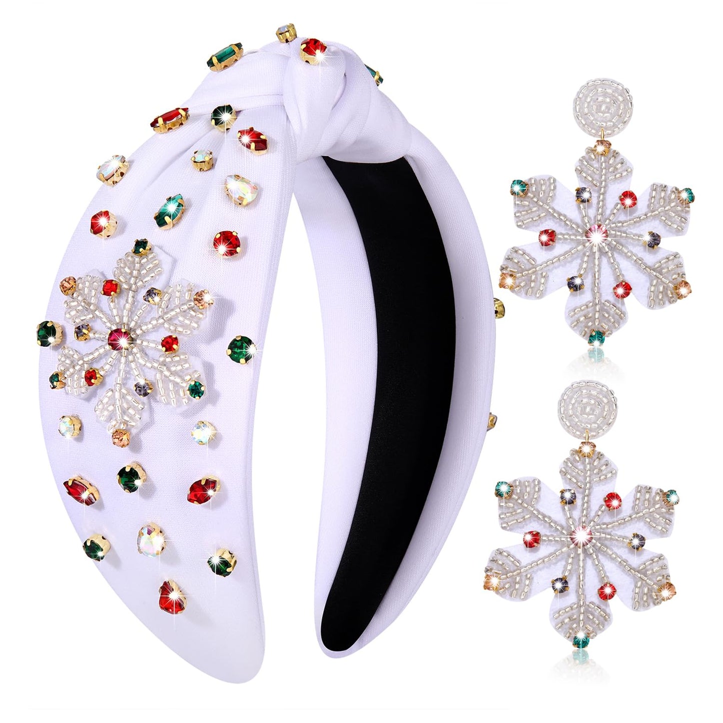 ARATLENCH Christmas Snowflake Headband Pearl Rhinestone Jeweled Knotted Headband Snowflake Beaded Earrings Winter Holiday Accessories for Women Girls