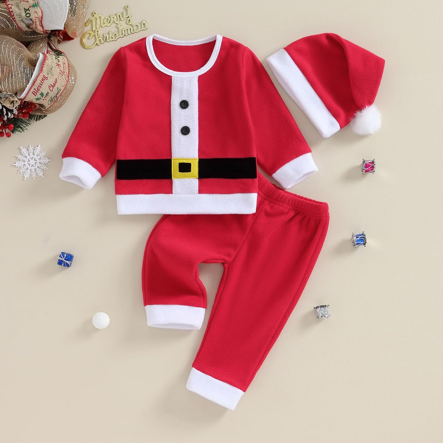 Emmababy Santa Costume Infant Baby Boy Velvet Outfit Toddler Girls Christmas Outfit Button Down Plush Jacket Coat Pants Hat(Christmas Outfits,6-12 Months)