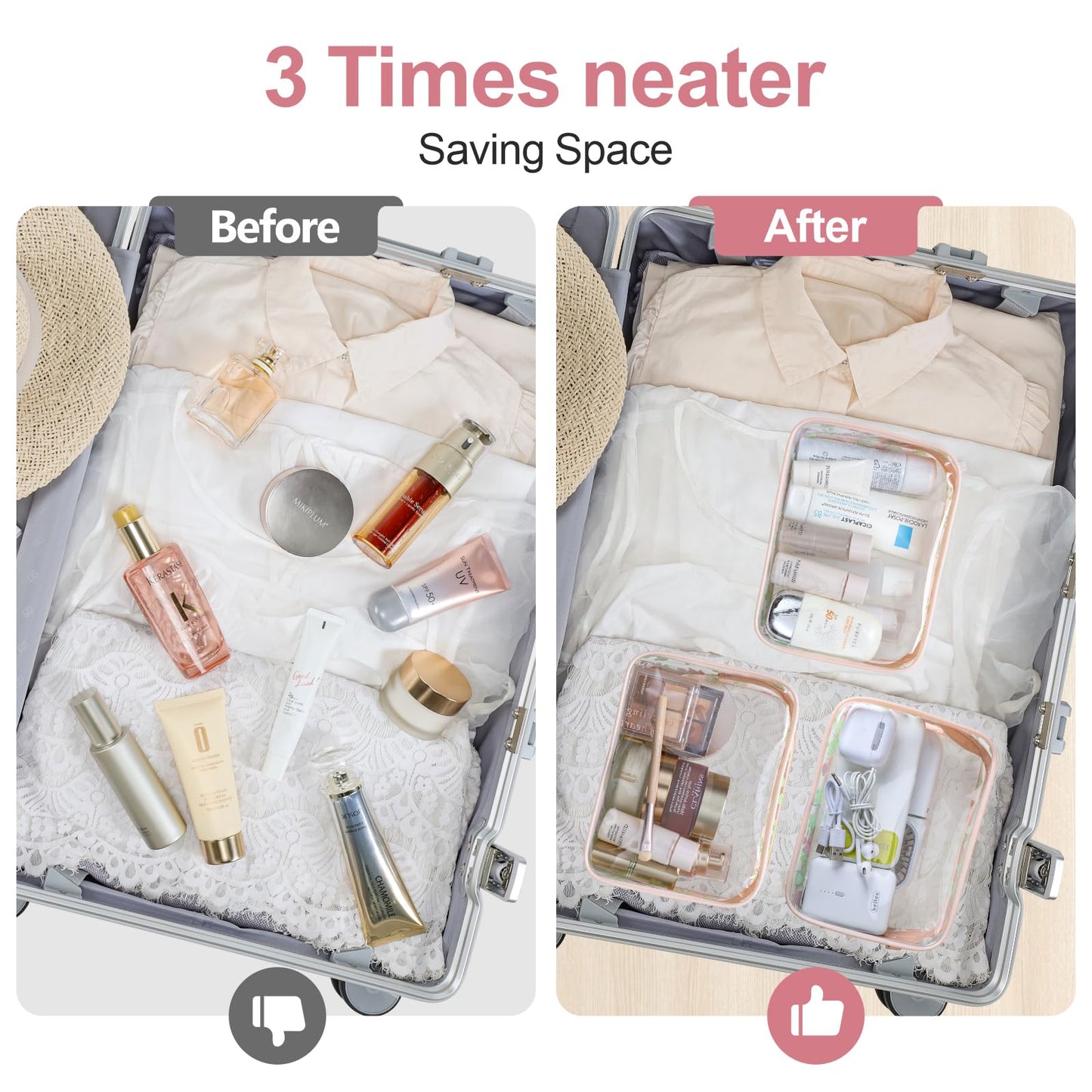 PACKISM TSA Approved Toiletry Bag - Pink Floral Print Clear Travel Bags, Suitable for Gifts, with Supporting Frame, Perfect for Travel Essentials, Thick No Smell