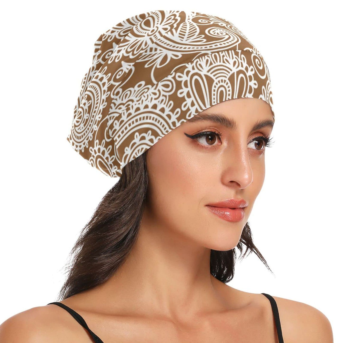 ElliTarr Satin Bonnet Lined Sleep Cap Hair Wrap Cover Slouchy Beanie for Curly Hair Protection for Gifts for Men Women Khaki Paisley