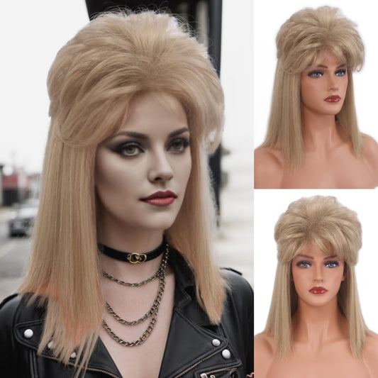 MEDISIFA 80s Blonde Wig with Bangs for Women Mullet Disco Mens Womens Wig Long Curly Women Wigs for Man Lady Ladies Hippie Rocking 80s 90sThem Party Cosplay Costume Heat Resistant Hair (Medium)