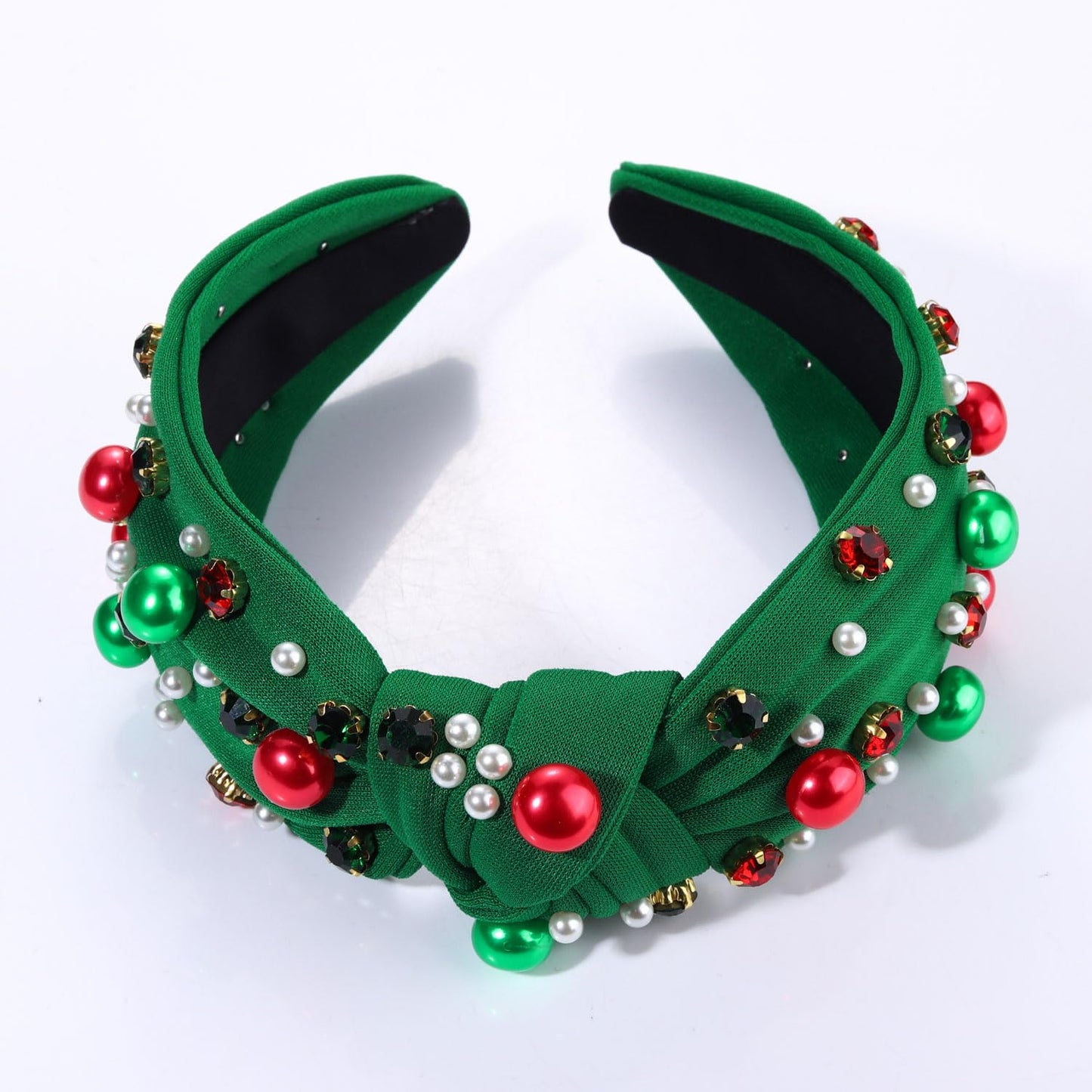 GLBCC Christmas Pearl Knotted Headband for Women, Red Green Pearl Rhinestone Crystal Jeweled Hairband Fashion Elegant Ladies Wide Knot Head Band Headpieces Hair Accessories