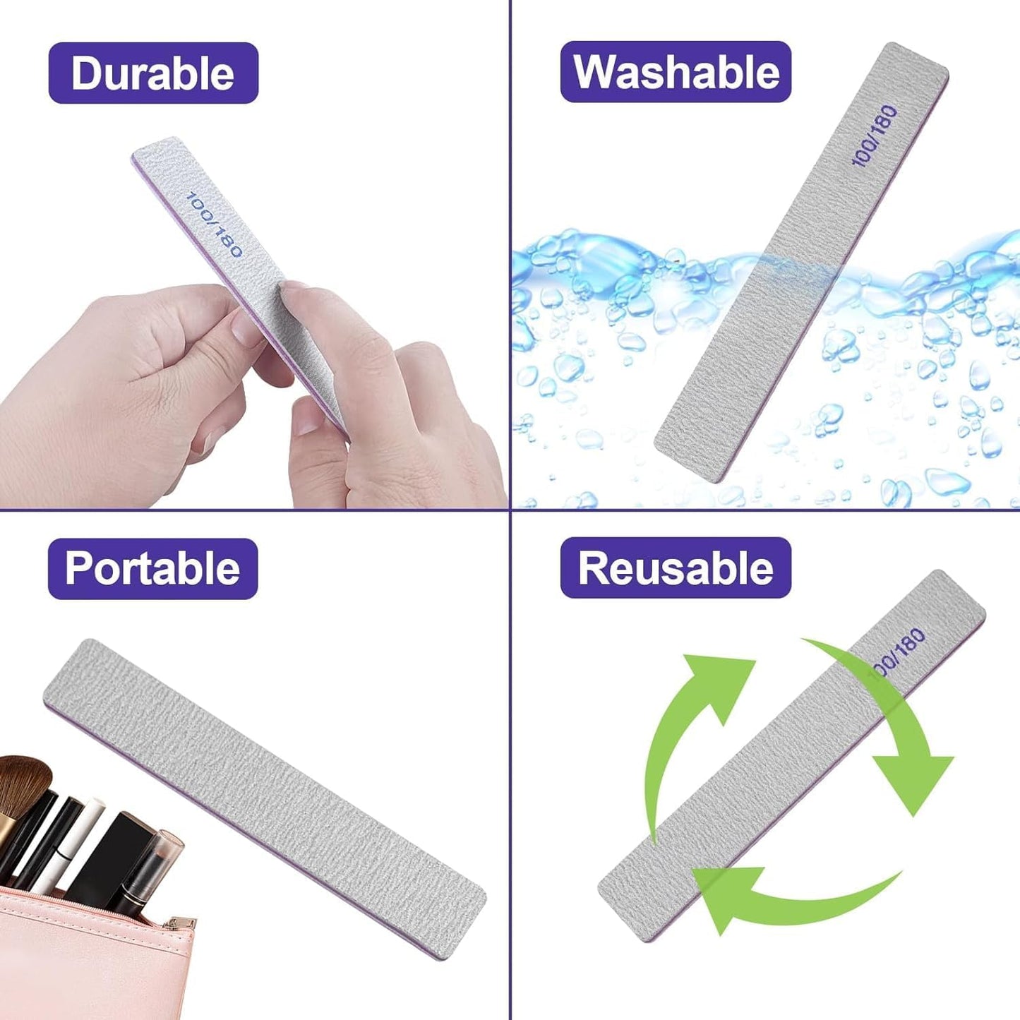 Skiennix Nail Files - 12 Pack 100/180 Grit Emery Boards for Natural & Acrylic Nails - Reusable Gray