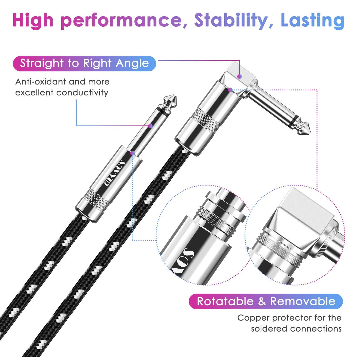 Guitar Cable 6FT Instrument Cord for Electric Bass Guitar, Keyboard - 1/4 Inch Right Angle AMP Cable, Black