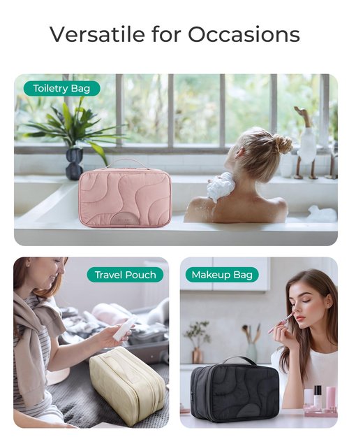 BAGSMART Toiletry Bag for Women, Wide-open Makeup Bag Organizer for Travel Essentials Travel-size, Water-resistant Large Capacity Cosmetic Bag for Accessories, Shampoo, Toiletries with Handle, Pink