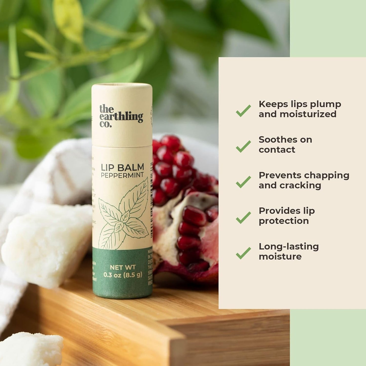 The Earthling Co. Lip Balm - Organic Mint Moisturizer - Bee-Free Treatment Stick with Pomegranate & Coconut (0.33 oz)