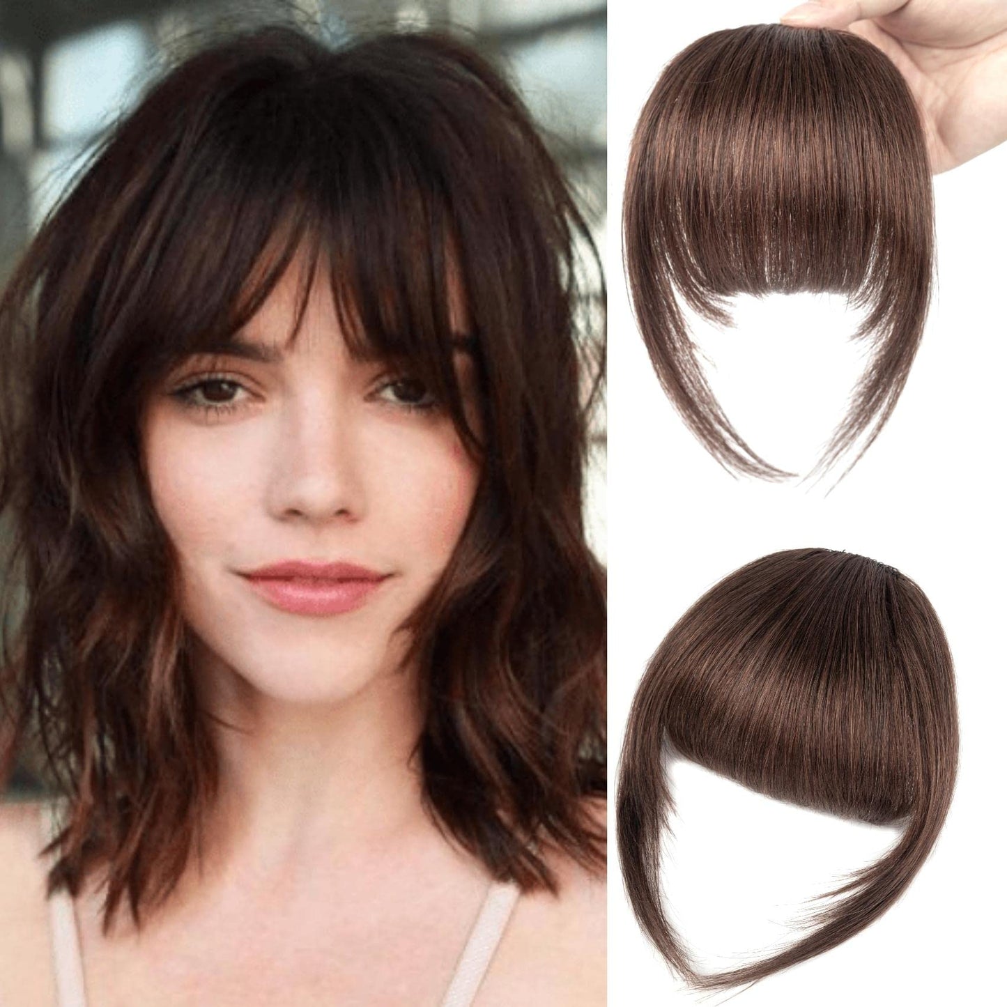 Clip in Bangs 100% Human Hair Bangs Clip in Hair Extensions Dark Brown Clip on Bangs French Bangs Fringe with Temples Hairpieces for Women Curved Bangs for Daily Wear (French Bangs, #Dark Brown)