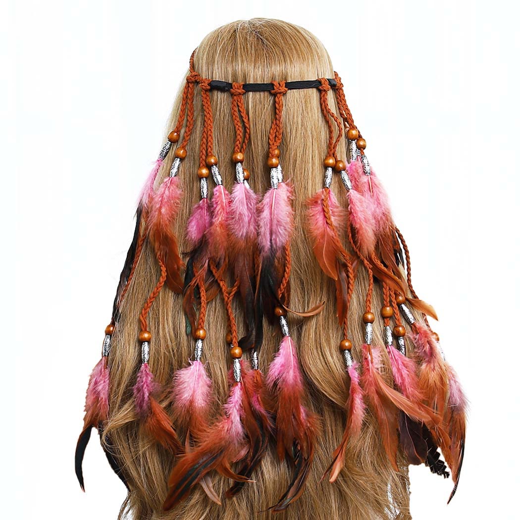 Gangel Boho Feather Hairband Gradient Pink Headpieces Bohemian Headband Gypsy Headdress Tassel Hemp Rope for Festival Masquerades Carnival Hippie Costume Feather Hair Accessories for Women