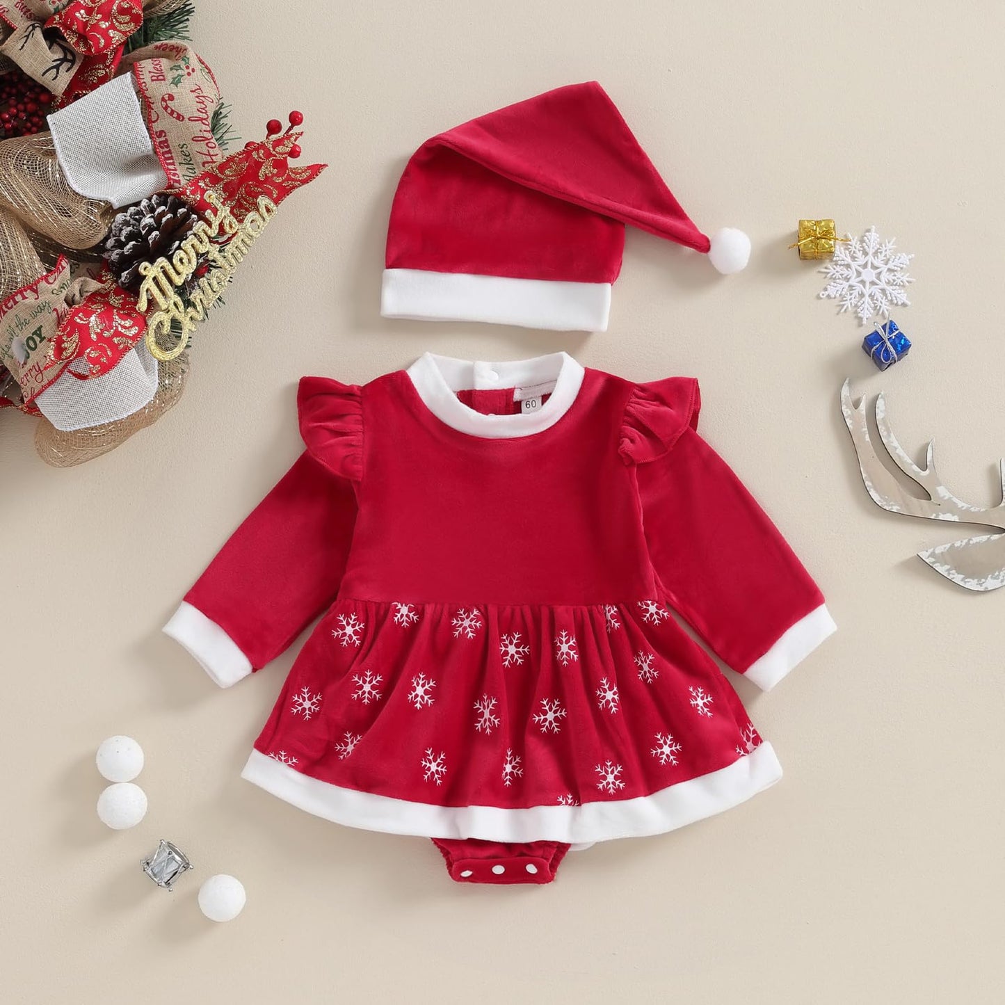 Baby Girls Christmas Dress Velvet Santa Claus Romper Dress Long Sleeve Plush Xmas Princess Party Cosplay Costume Dress (E-Red, 0-3 Months)