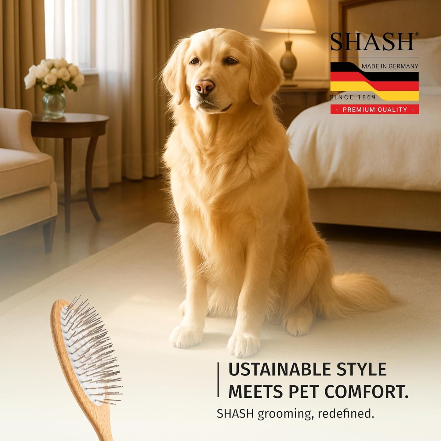 SHASH Oval Pet Brush - Handmade in Germany | Long Metal Pins with Rubber Cushion for Easy Detangling & Frizz Reduction