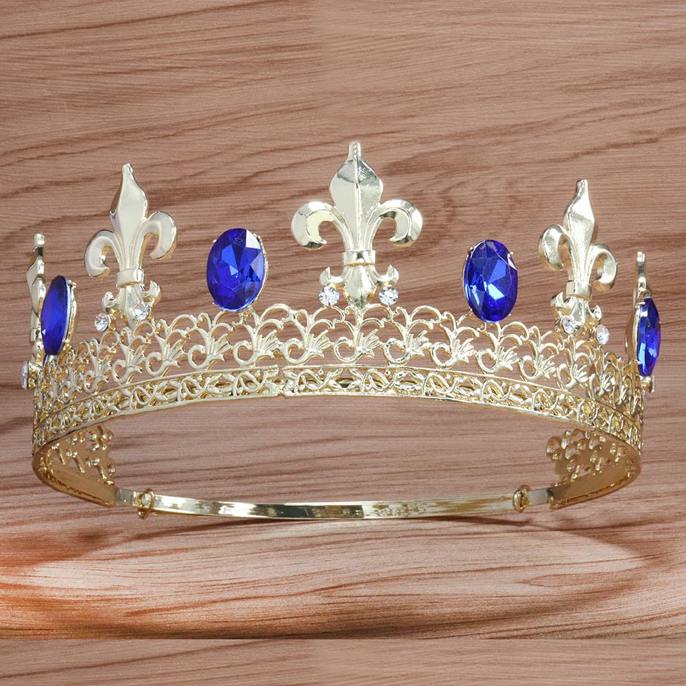 Crown Crystal Rhinestone Tiaras Bridal Headdress King Wedding Hair Accessory For Birthday Party Show Prom Photography (Gold Blue)