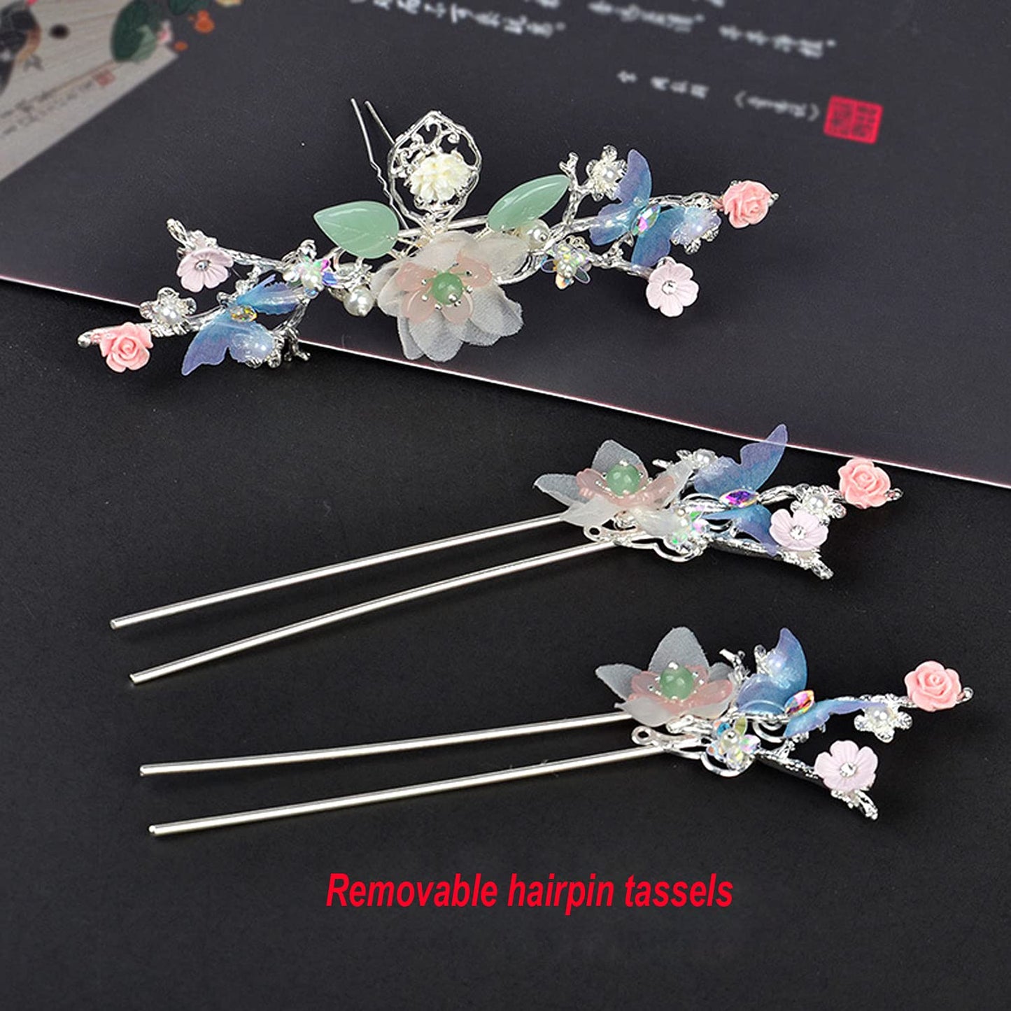 Alloy Hair Sticks Pins,female Long Tassel Hanfu Chinese Hair Comb/Earrings Set female Traditional Classical (Style A)