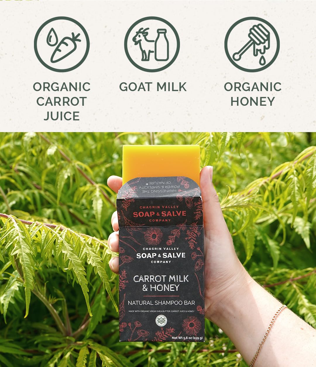 Chagrin Valley Carrot, Milk & Honey Shampoo Bar - Organic Frizz Control for Normal to Dry Hair, 5.6 oz