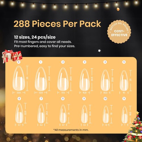 Beetles Gel Nail Tips Medium Almond Etch X, 12 Sizes 288 PCS Half Matte Full Cover Press on False Nail Tips Clear Acrylic Nails Extension Glue on Nails DIY Gift for Women