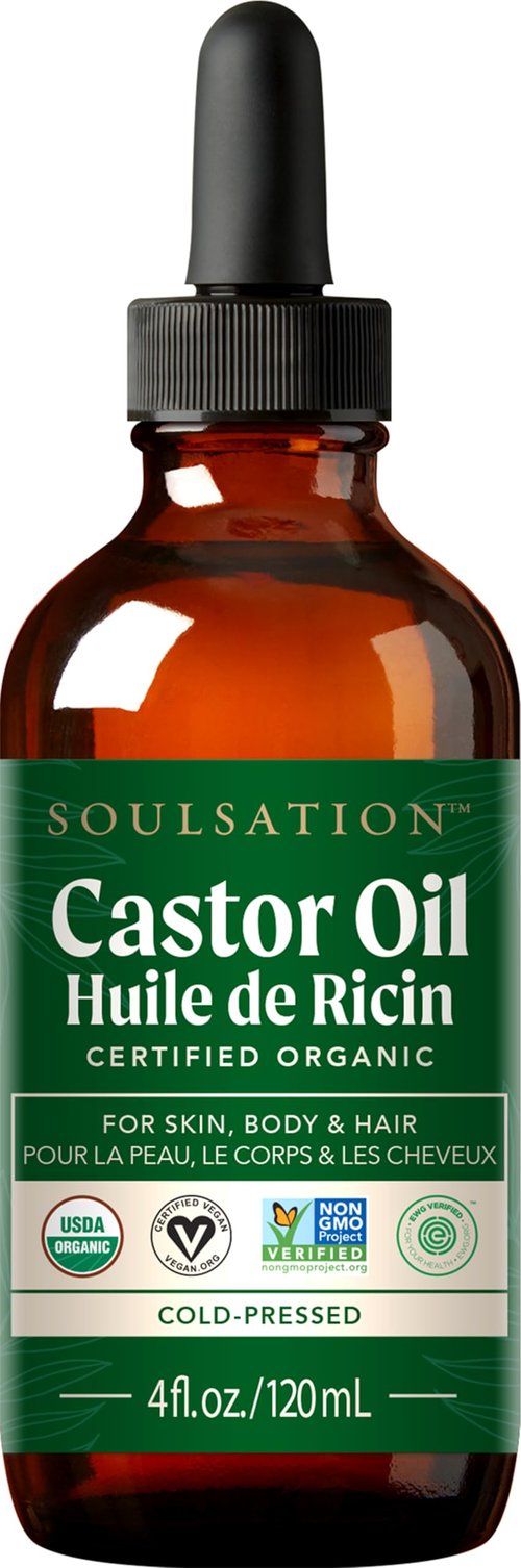 SOULSATION Organic Castor Oil 100% Pure (4oz) - For Eyelashes, Eyebrows, Face, Hair & Skin - Cold Pressed Unrefined Glass Bottle