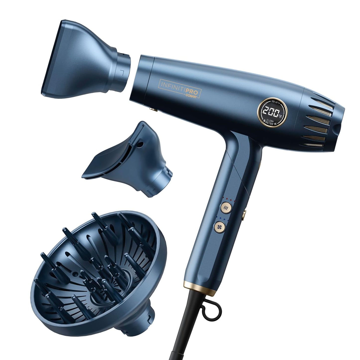 Infiniti PRO by CONAIR Ionic Hair Dryer - 1875W Frizz-Reducing Blow Dryer with Diffuser | Fast Drying Power in Blue