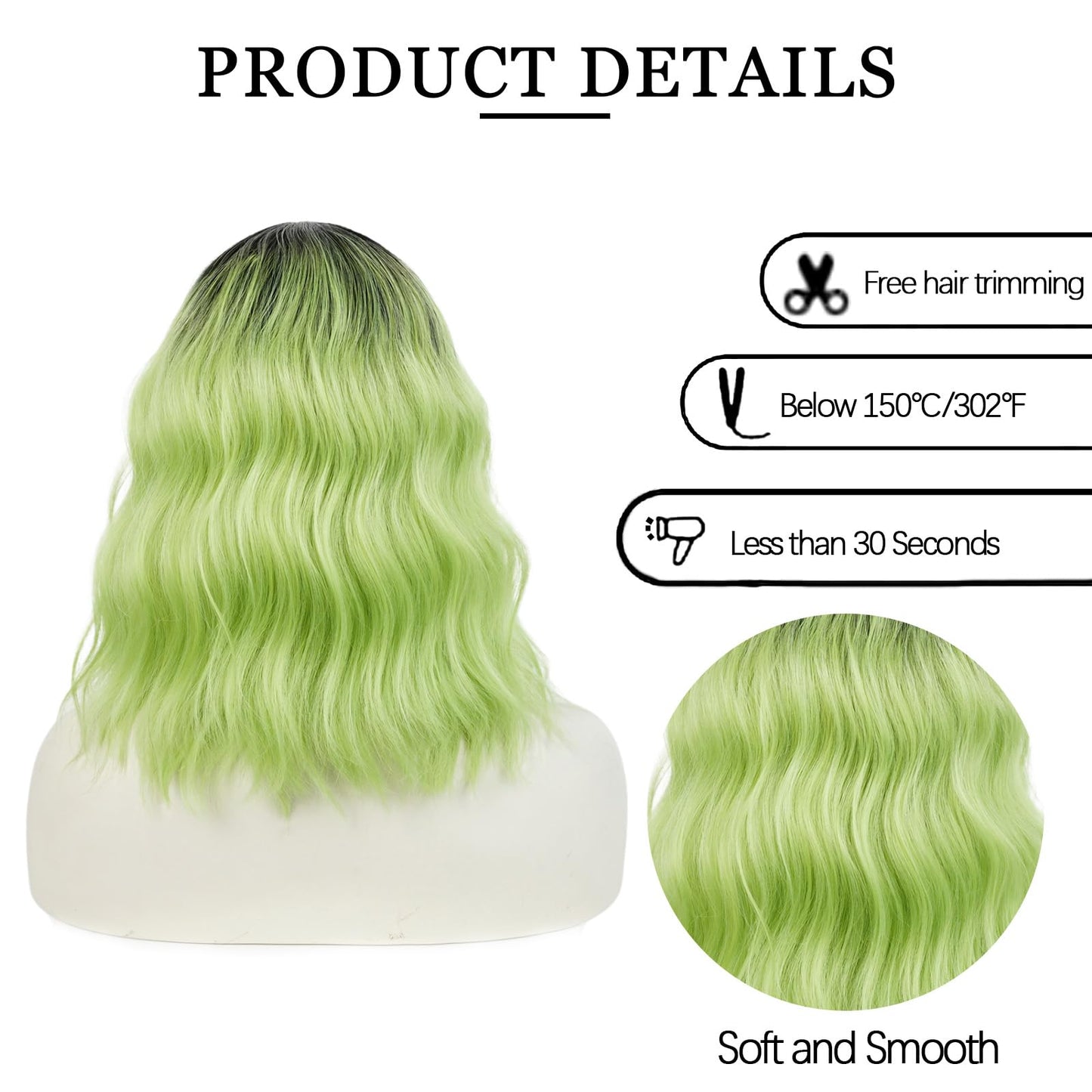 14'' Short Ombre Green Wig Women + Earrings Accessories, Shoulder Length Wavy Green Bob Wig St.Patrick's Day Wig + Wig Cap for Halloween Costume Party Cosplay