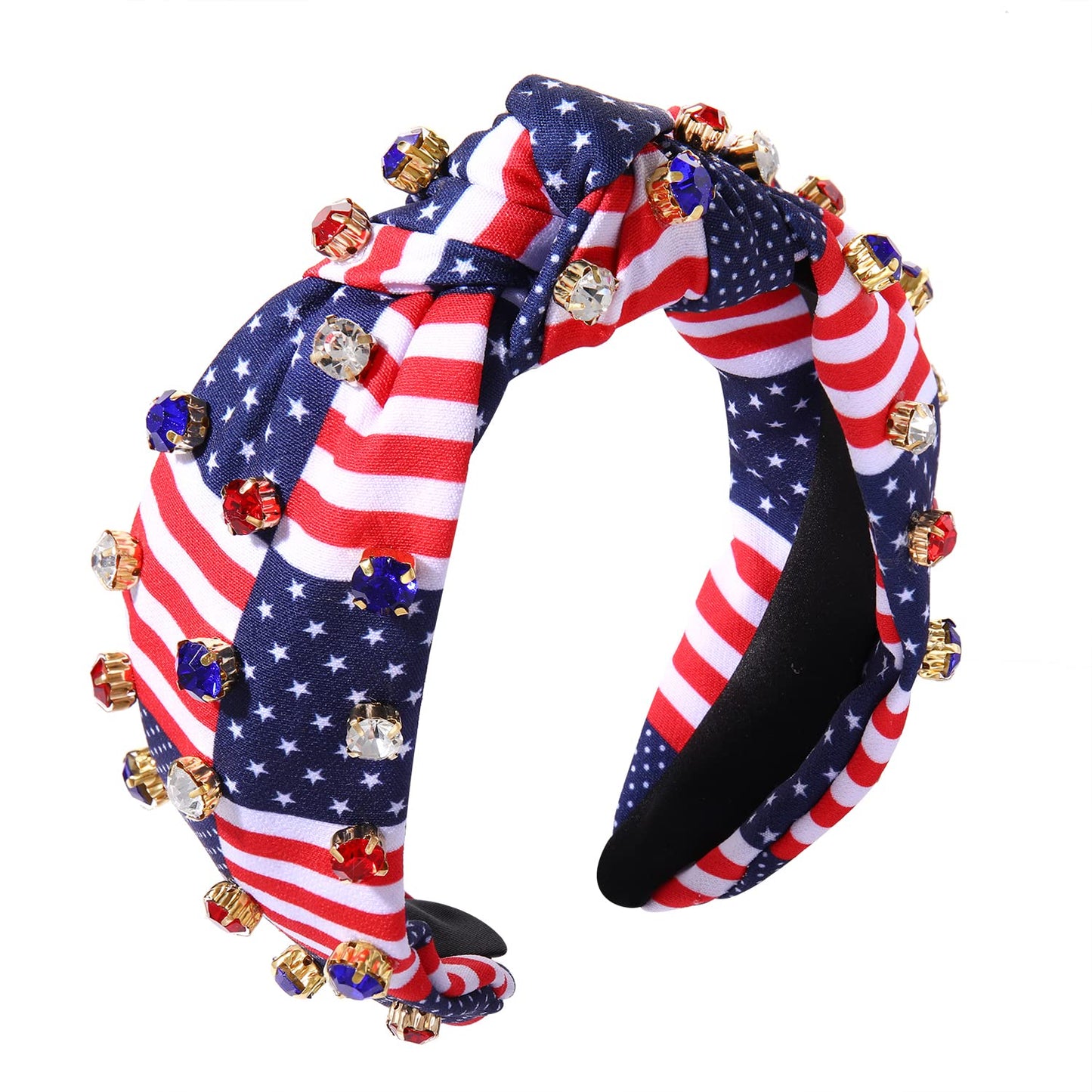 Crystal Velvet Headband American Flag Cross Knotted Turban Headdress Patriotic rhinestone Statement Wide Hair Band Hoop Accessories For Women Girls (Red White Blue)